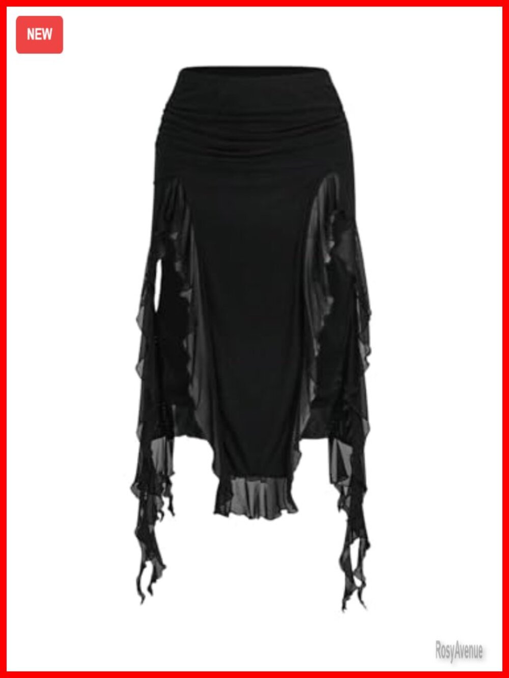 Women's Ruched Mesh Trim Midi Skirt Asymmetrical Ruffle Hem Split